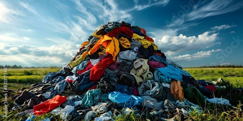 Wide shot of a landfill filled with discarded clothes. Concept Landfill, Discarded Clothes, Fashion Waste, Environmental Impact, Textile Pollution photo