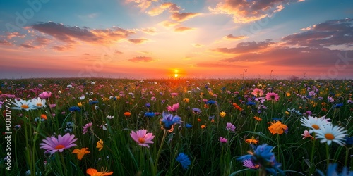 Vibrant sunset paints the sky over a field of spring flowers. Concept Nature Photography  Landscape  Sunset  Wildflowers  Spring Time