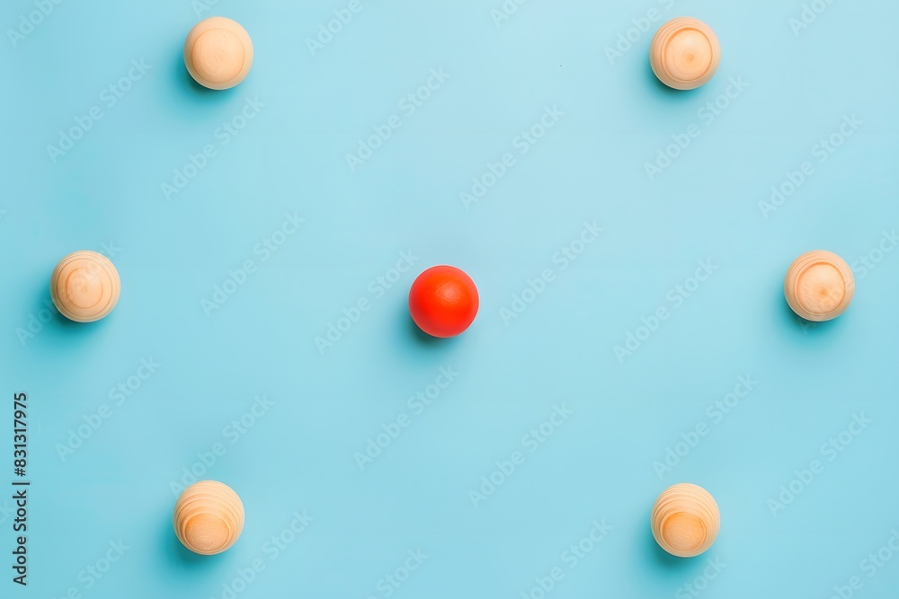Red Ball Between Wooden Balls on Blue Background, Minimalist Design Red Ball Between Wooden Balls on Blue Background, Minimalist Design
