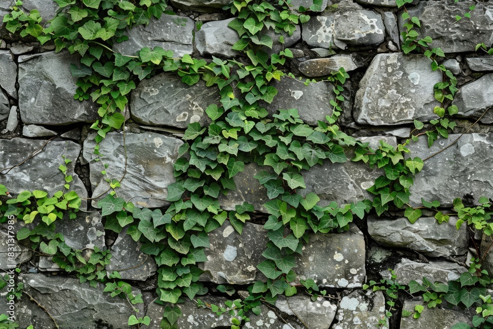 Weathered stone wall with climbing ivy creeping through the cracks. Lush green foliage contrasting with the rough texture of the stone. Weathered stone wall with climbing ivy creeping through the cracks. Lush green foliage contrasting with the rough texture of the stone.