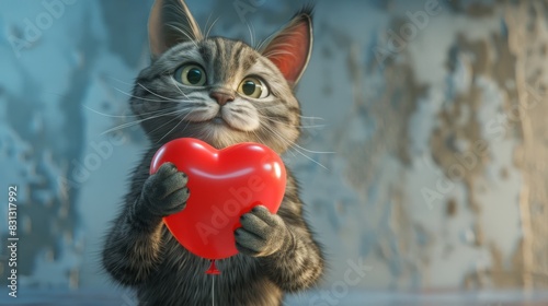 Cartoon cat holding a red heart-shaped balloon