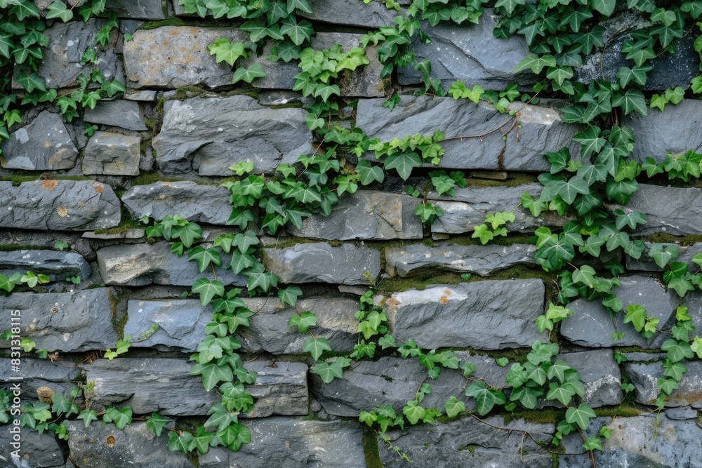 Weathered stone wall with climbing ivy creeping through the cracks. Lush green foliage contrasting with the rough texture of the stone. Weathered stone wall with climbing ivy creeping through the cracks. Lush green foliage contrasting with the rough texture of the stone.