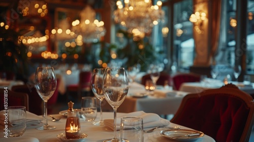 Elegantly set tables with wine glasses and candles create a warm  intimate ambiance in a Parisian fine dining restaurant during the evening  awaiting diners.