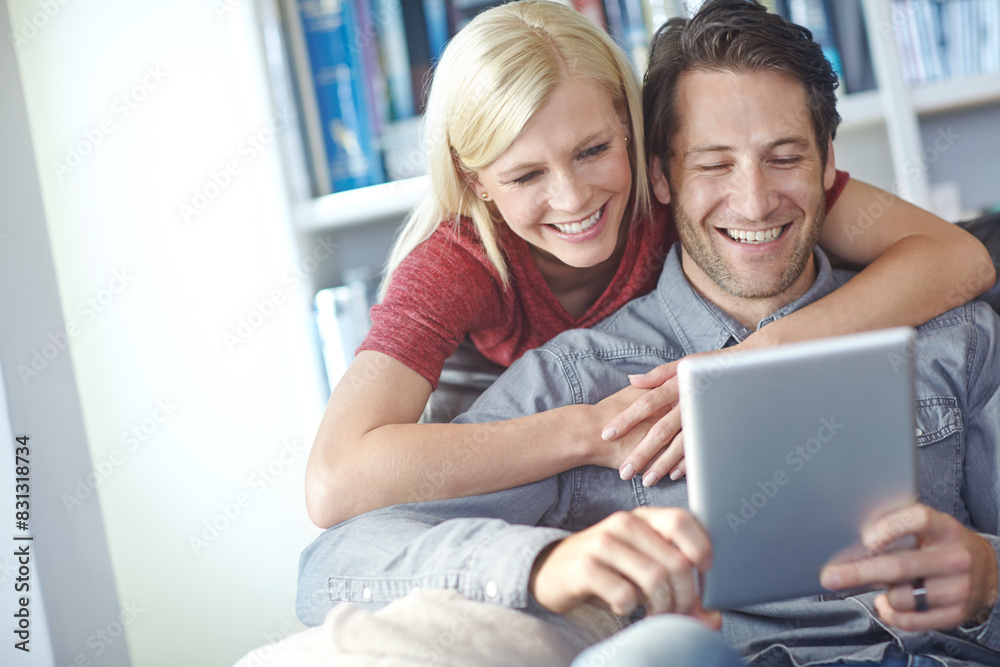 Smile, couple and home sofa with tablet or relaxing online, people happy and internet browse together on social media. Web, scrolling and relationship bonding, networking and communication apartment