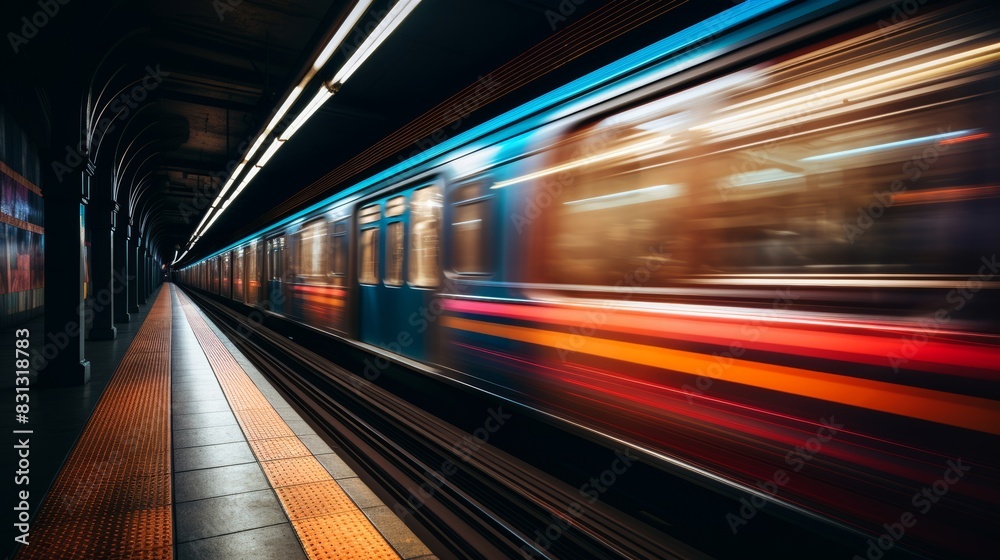 Subway train in motion, rushing through the underground tunnel with speed and motion Subway train in motion, rushing through the underground tunnel with speed and motion