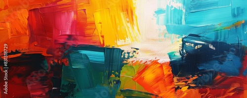 Panoramic view of an abstract, colorful acrylic painting with bold brushstrokes
