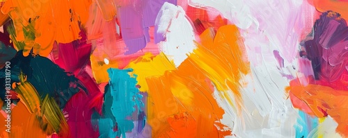 Panoramic view of a colorful abstract painting with dynamic brush strokes
