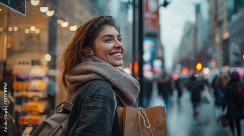 Woman walking with shopping bags, glancing at store windows decorated for the holidays photo