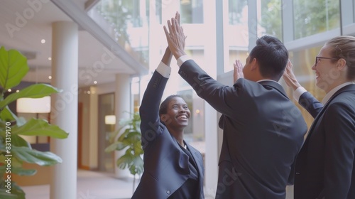 Group of diverse business team members giving a high five in celebration of a successful project