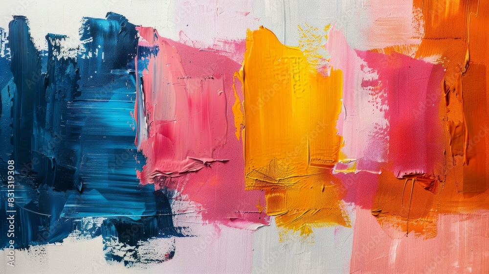 Vibrant abstract painting with bold strokes of blue, pink, yellow, and orange acrylics