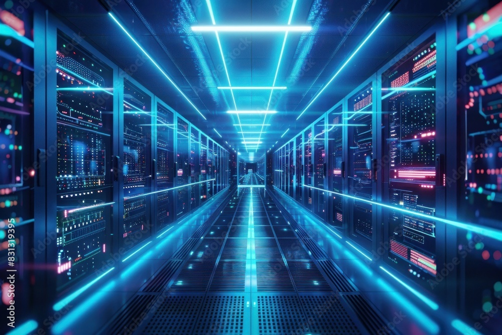 Hightech data center with glowing neon lights and rows of server racks Hightech data center with glowing neon lights and rows of server racks