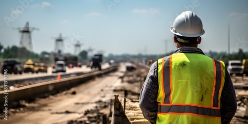 Civil engineer overseeing road construction for safety and quality on an expressway project. Concept Civil Engineering, Road Construction, Safety Inspection, Quality Assurance, Expressway Project photo