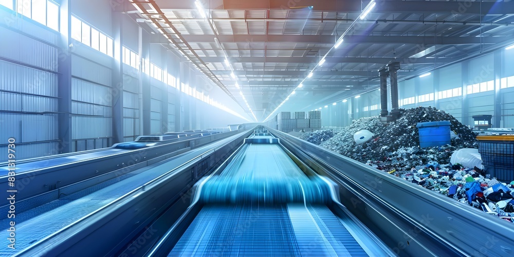 A waste sorting plant with a conveyor belt processing and sorting recyclable materials for reuse. Concept Waste Management, Recycling Technology, Conveyor Belts, Sorting Plant, Sustainability A waste sorting plant with a conveyor belt processing and sorting recyclable materials for reuse. Concept Waste Management, Recycling Technology, Conveyor Belts, Sorting Plant, Sustainability