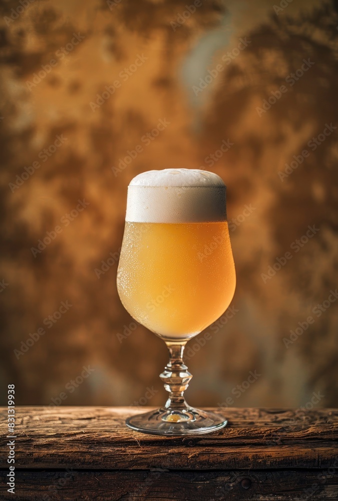 A glass of light yellow beer with foam on old wooden table against a vintage brown background