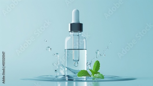 Clear droplet bottle with liquid sweetener and mint leaves on a blue background. Perfect for low-calorie and sugar-free diets