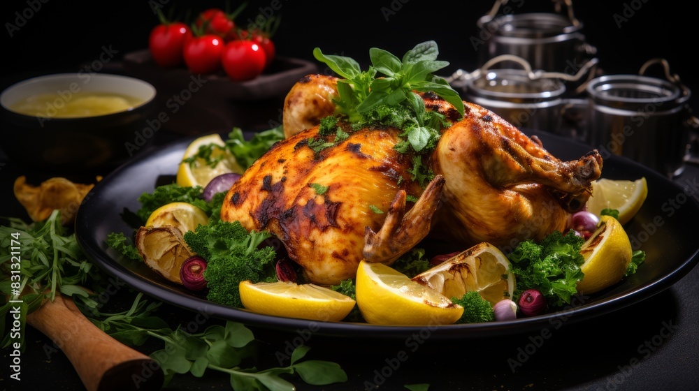 Golden brown roasted chicken, crispy and moist, served on a plate for a delightful meal Golden brown roasted chicken, crispy and moist, served on a plate for a delightful meal