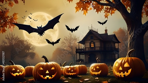 Flying Black silhouette of bats before lune, witch house and lines of halloween pumpkins in autumn season.