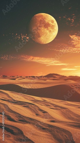 Wallpaper. Desert landscape on planet sand dunes and sunset in background science fictions scene. background image for mobile phone  smart phone. 
