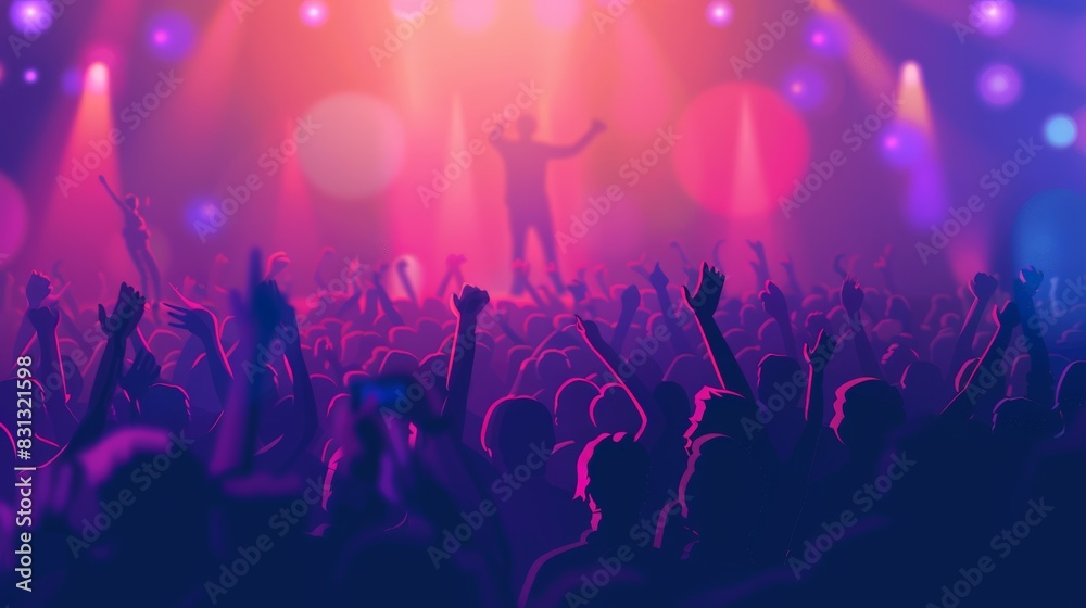 Excited audience with hands in the air at a nighttime music festival. Thrilled crowd at a live concert with vibrant lighting. Great for entertainment and celebration themes. Excited audience with hands in the air at a nighttime music festival. Thrilled crowd at a live concert with vibrant lighting. Great for entertainment and celebration themes.