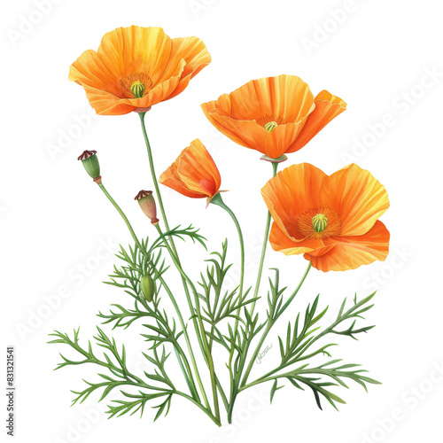 Orange Poppy Flower on White Background in Nature