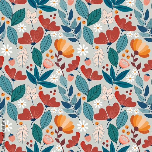 seamless floral background with abstract flowers  leaves and berries in red  orange  pink  white and blue on grey