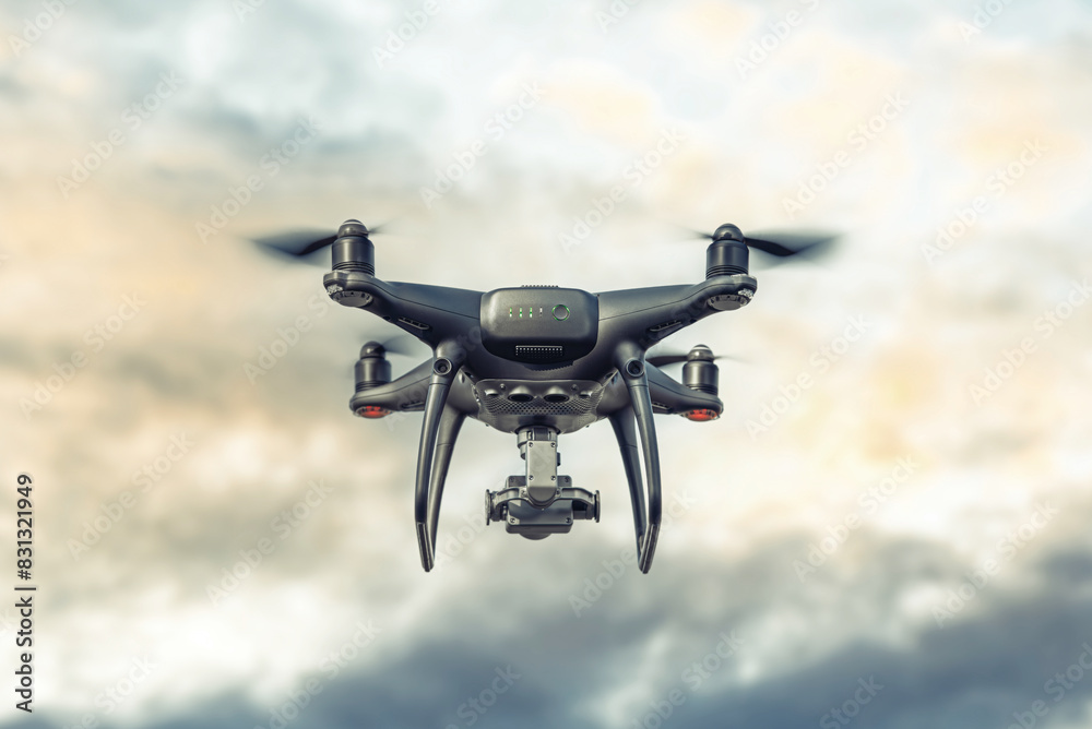 Modern drone with a camera flies in the sky. Modern drone with a camera flies in the sky.
