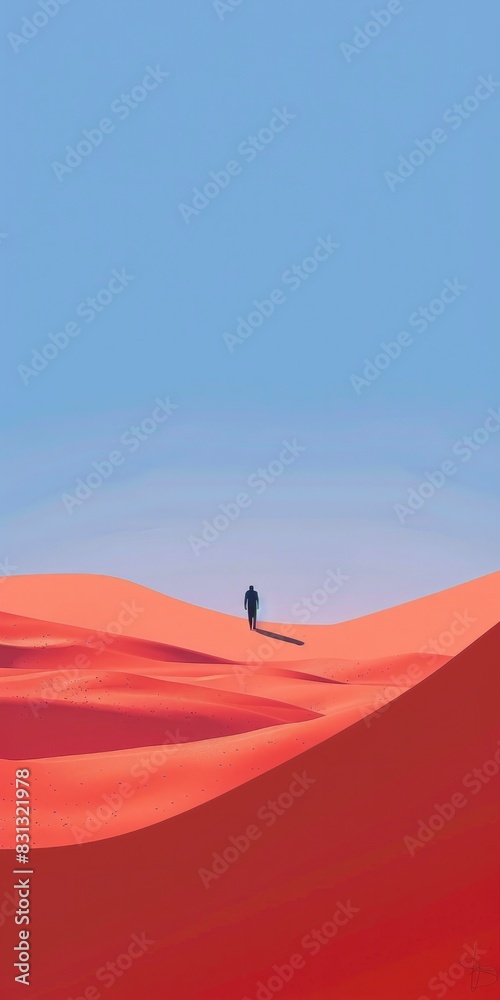 red sand dunes in desert and a black figure of male stand in distance with blue sky background