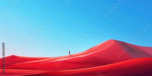 red sand dunes in desert and a black figure of male stand in distance with blue sky background