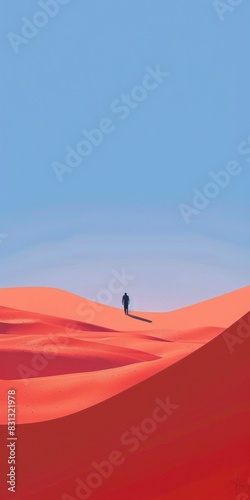 red sand dunes in desert and a black figure of male stand in distance with blue sky background