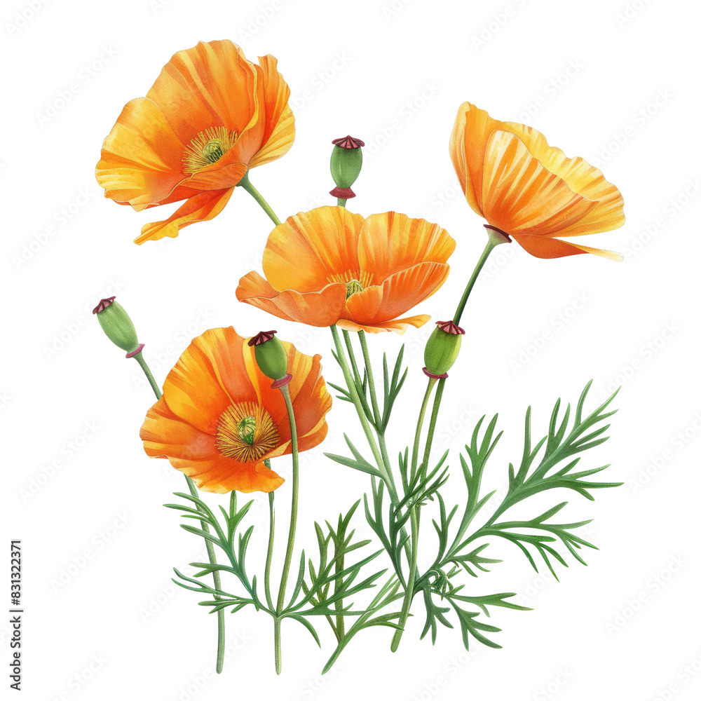 Fototapeta premium Orange Poppy Flowers Isolated on White Background