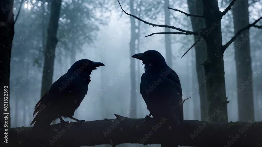 Ravens Discussing the Morning Weather 4K Loop features an A.I. generated video of two ravens perched on a branch and squawking at each other in a dark forest with snow blowing around in a loop.