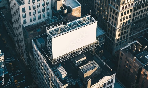 Illuminated Billboard in New York City - Cinematic Mockup with Dramatic Lighting and Shadows on Buildings photo