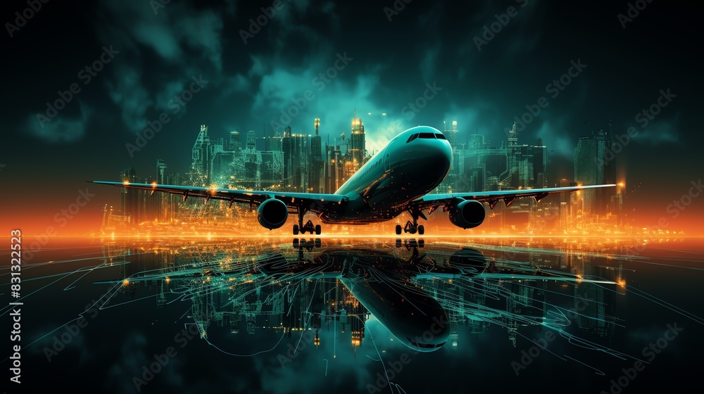 Airplane on runway with city skyline and reflection at night. Airplane on runway with city skyline and reflection at night.