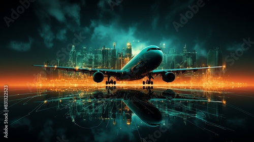 Airplane on runway with city skyline and reflection at night.