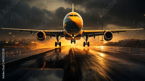 Airplane landing on runway in rainy weather.