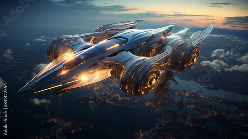 Science Fiction Flight  Depict an airplane in a scene that could belong in a science fiction film, with emphasis on advanced technology and aesthetics photo