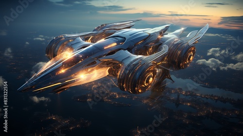 Science Fiction Flight Depict an airplane in a scene that could belong in a science fiction film, with emphasis on advanced technology and aesthetics