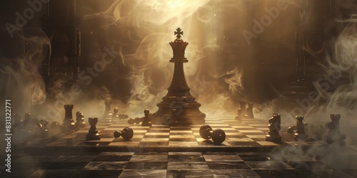A chessboard with the king piece sitting, surrounded by fallen pieces. photo