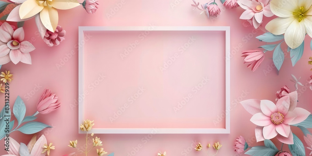 A square frame with an empty space for text, surrounded by flowers in pastel colors on pink background. A square frame with an empty space for text, surrounded by flowers in pastel colors on pink background.
