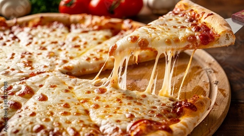 Delicious Stringy Cheese Pizza Being Cut into - Perfect Food Photography Moment photo