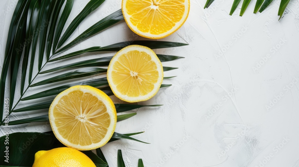 Lemon and palm tree leaf on a white backdrop Lemon and palm tree leaf on a white backdrop