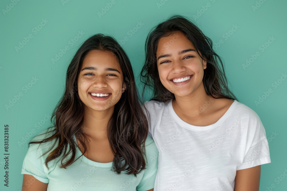 two young indian sisters standing together on green background two young indian sisters standing together on green background