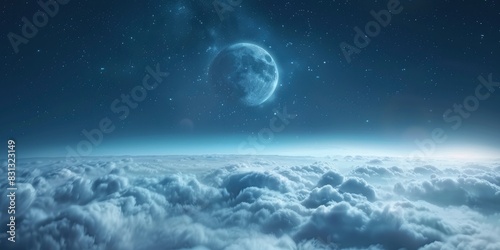 Earth in space is surrounded by clouds and fog  with a blue moon