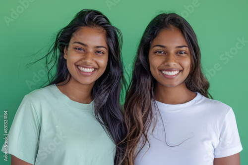 two young indian sisters standing together on green background