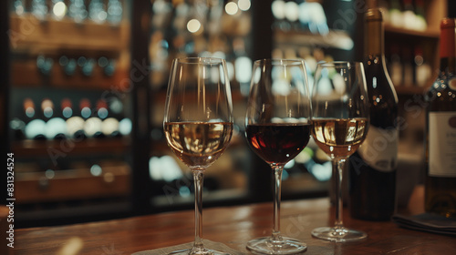 Trois verres de vin dans une cave vin pour une dégustation photo
