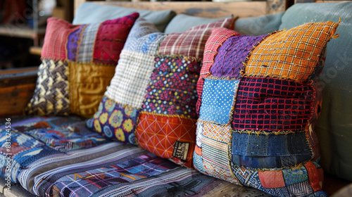 Patchwork cushions made from upcycled fabrics.