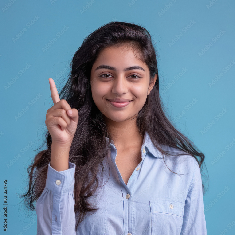 young indian woman pointing on blue background