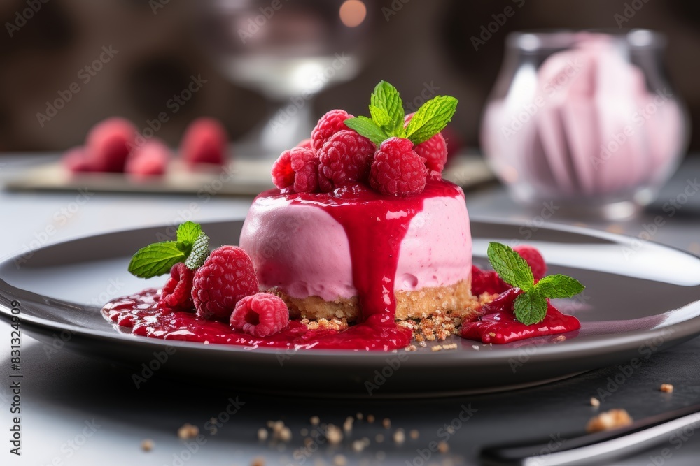 Elegant presentation of a delightful raspberry cheesecake on a pristine white plate Elegant presentation of a delightful raspberry cheesecake on a pristine white plate