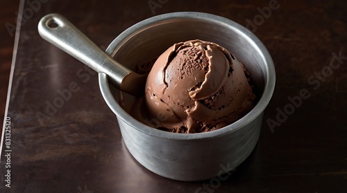 A close up of a cup of chocolate ice cream with a silver spoon in it.