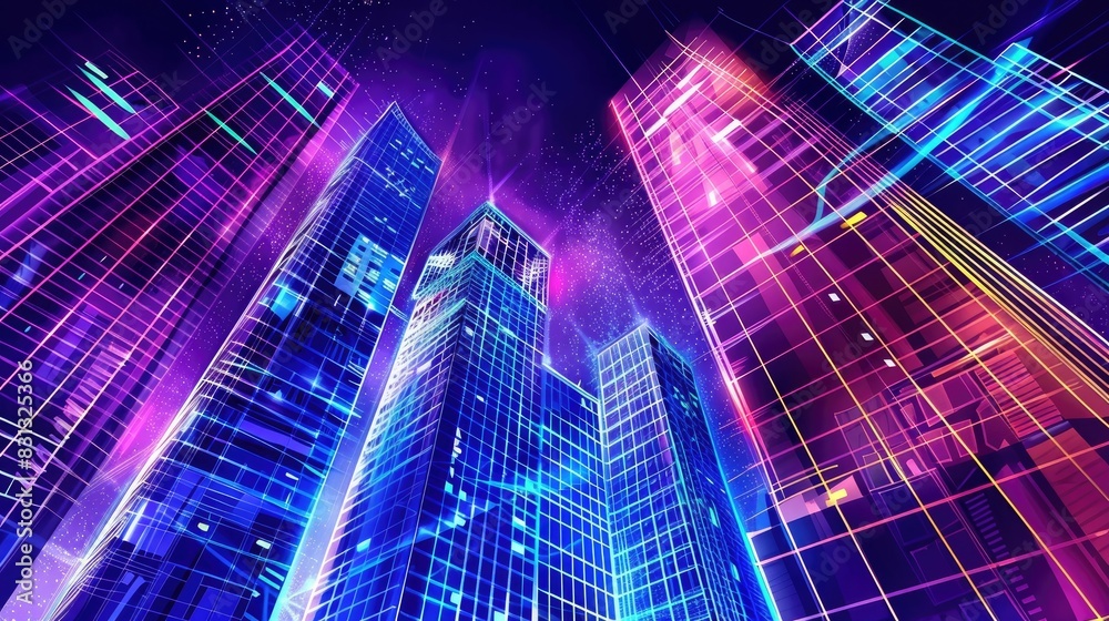 Digital retro skyscrapers at night abstract colorful art design graphic